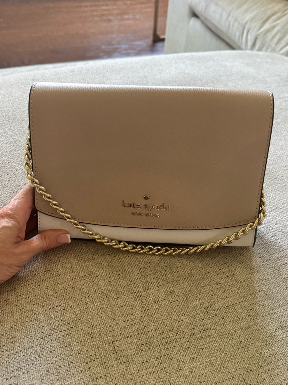 kate spade Two-Tone Taupe & White Leather Shoulder Bag with Gold Chain